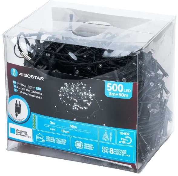 Aigostar - Catena luminosa LED per esterni 500 LED/8 funzioni, 53 m, IP44, bianco freddo