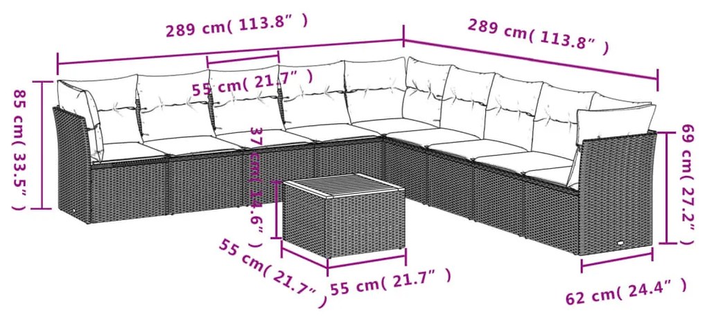 Set divano da giardino 10 pz con cuscini grigio in polyrattan