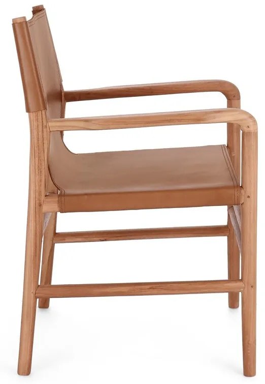 Poltroncina CAROLINE in legno di teak e vera pelle cognac