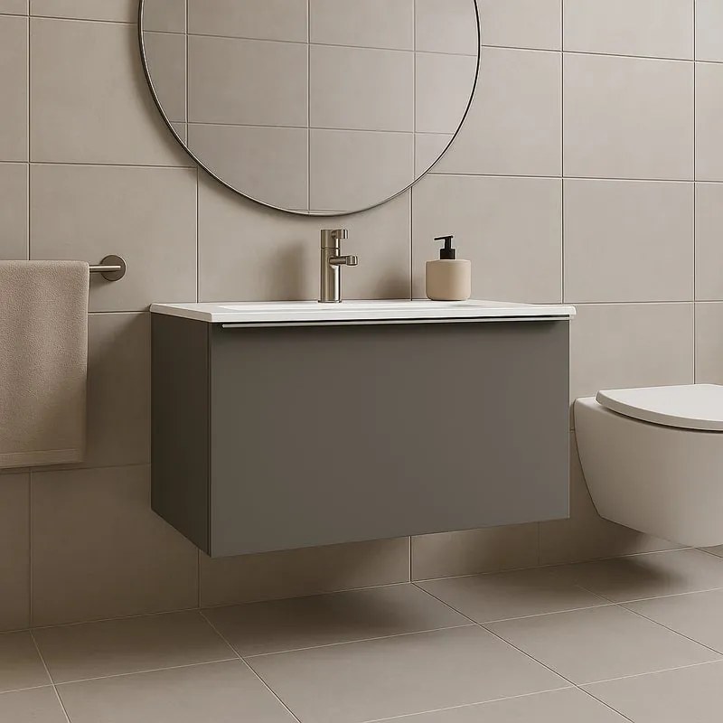 Mobile da bagno sospeso sotto lavabo Pixel plain 1 cassetto L 80 x H 40 x P 45.5 cm grigio carbone laccato opaco, con maniglia alluminio brillante