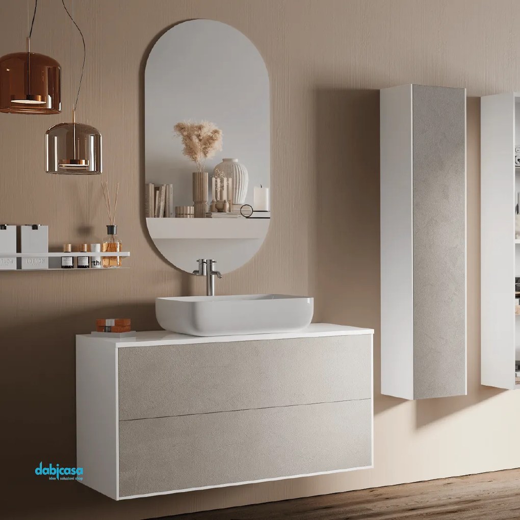 Mobile Bagno Sospeso "Step" Da 100 Cm Composto Da Due Cassetti Lavabo E Specchio