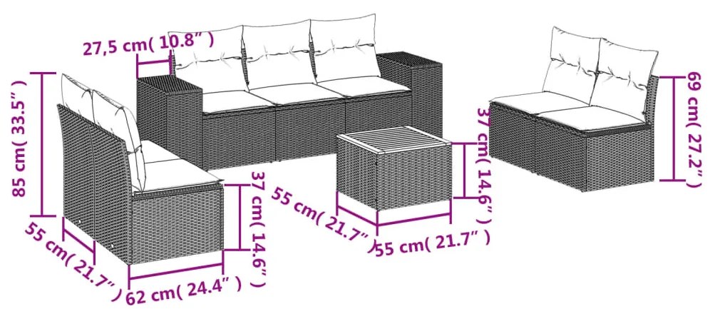 Set divani da giardino con cuscini 8 pz nero in polyrattan