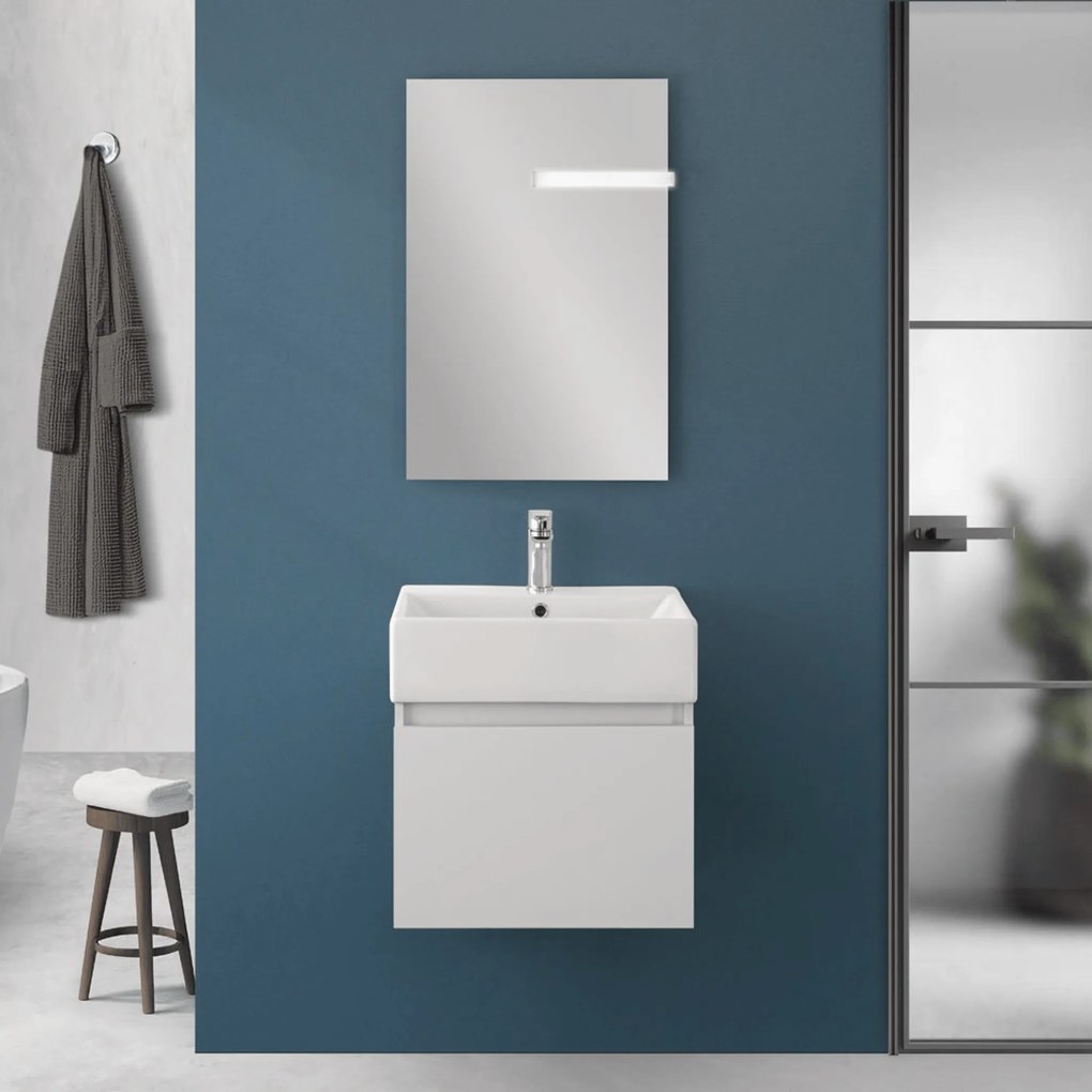 Mobile Bagno Sospeso 50 Cm Un'Anta Specchio Filo Lucido 50x60 Cm Feridras "Kira" Bianco