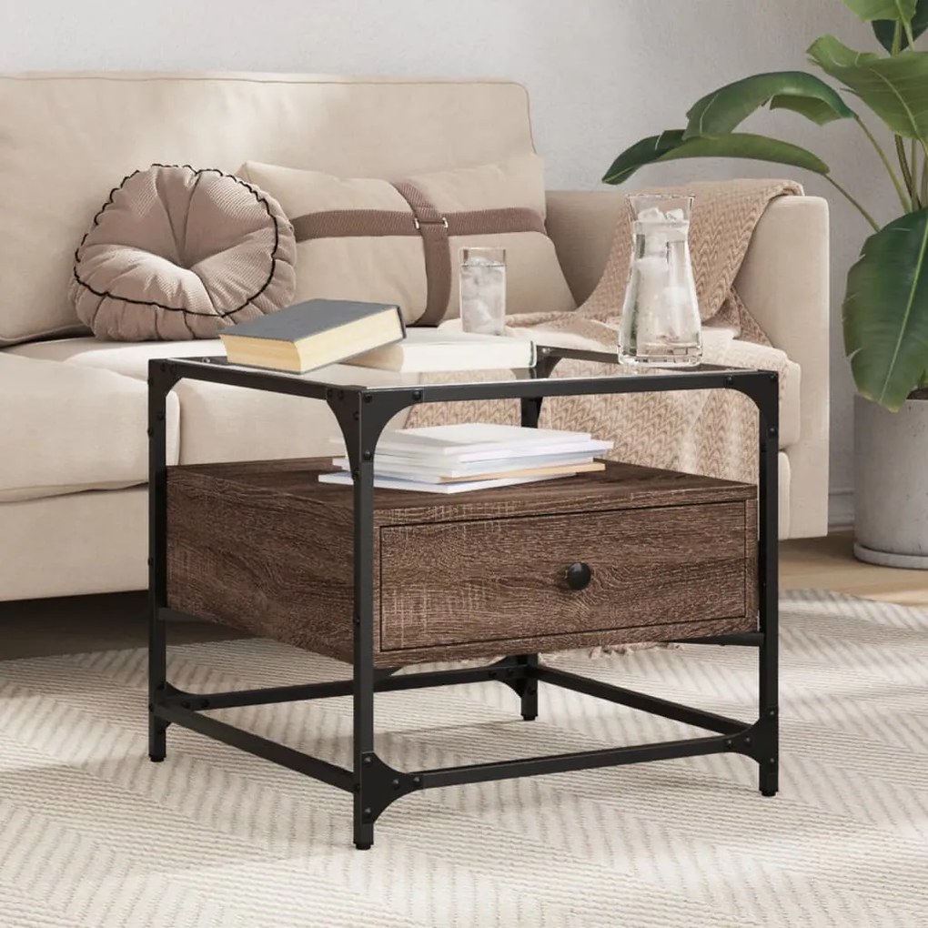Tavolino Salotto Con Ante İn Vetro Rovere Marrone 50x50x45 Cm /
