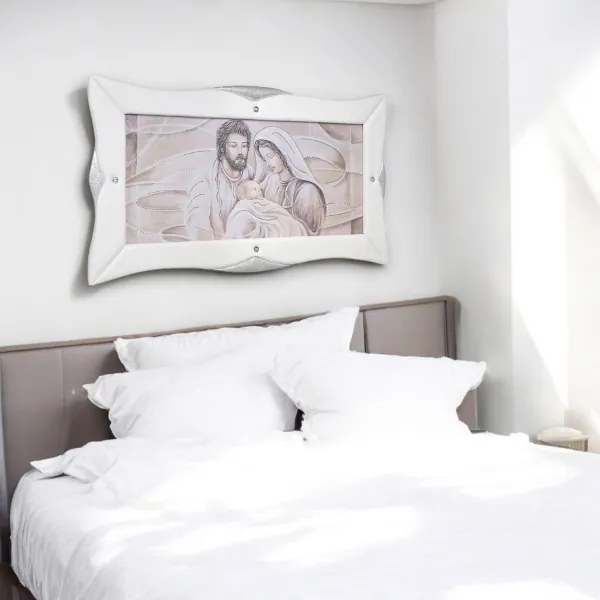 Quadro su tela moderno 50x120 cm con cornice in pelle Bianca Sacra Famiglia