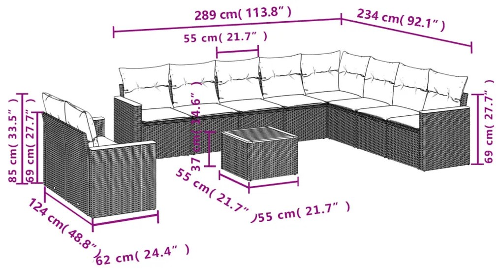 Set Divani da Giardino 11 pz con Cuscini Beige in Polyrattan