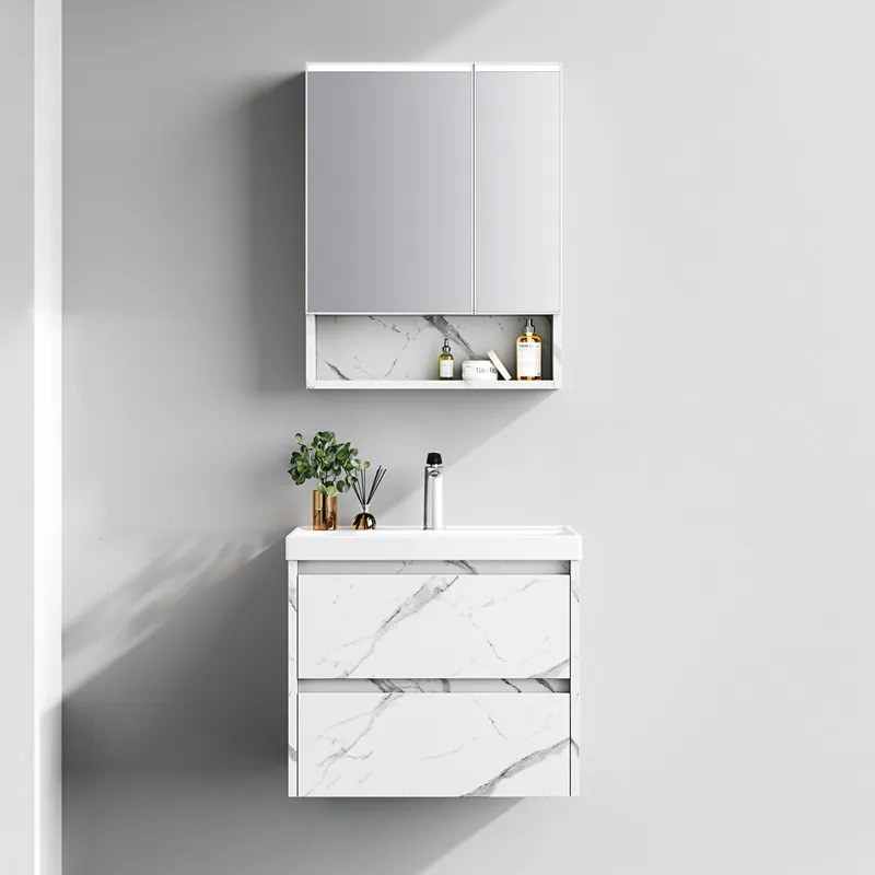 Kamalu - Mobile bagno sospeso 60 cm finitura marmo e specchio contenitore | KAM-VV60