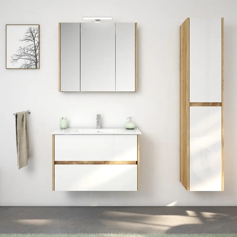 Kamalu - Mobile bagno sospeso 80 cm bicolore rovere naturale e bianco | LAC-AMFI-80
