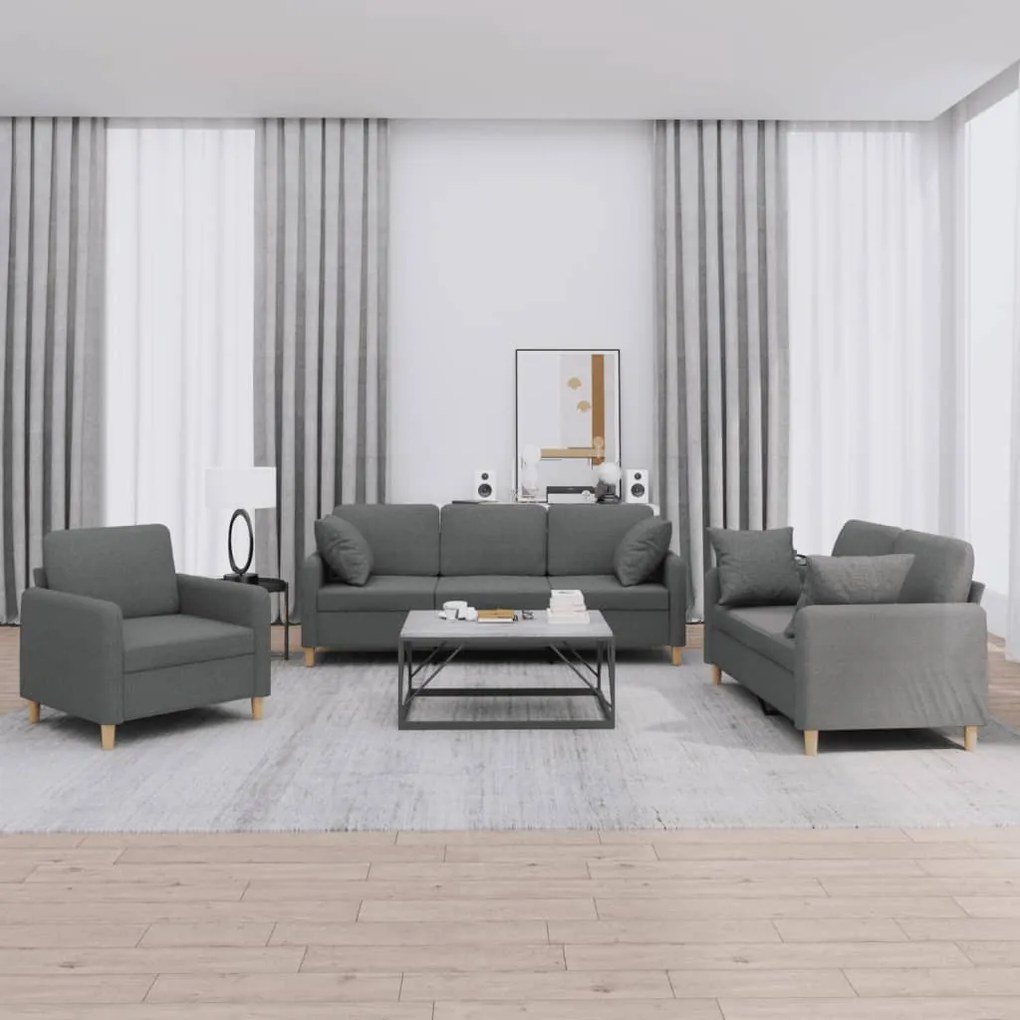 Set Di Divani 3 Pz Con Cuscini Grigio Scuro İn Tessuto /