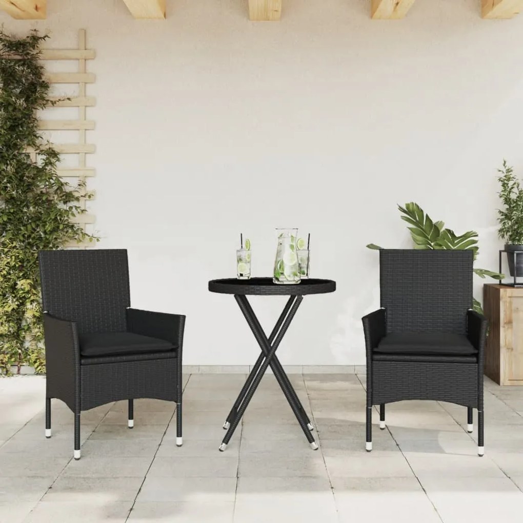 Set Da Bistrò 3 Pz Con Cuscini Nero Polyrattan E Vetro /