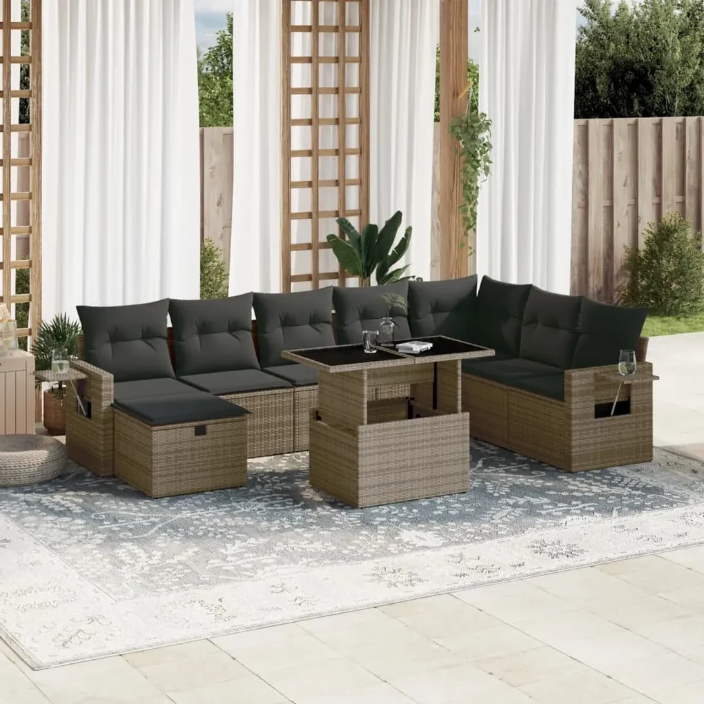 Set divano da giardino 9 pz con cuscini grigio in polyrattan