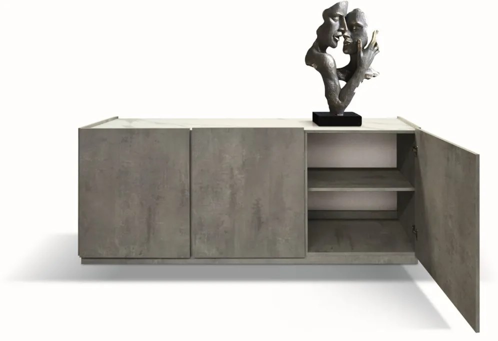 Credenza FAVIGNANA in legno, finitura in grigio cemento, piano effetto marmo statuario, 200&#215;50 cm