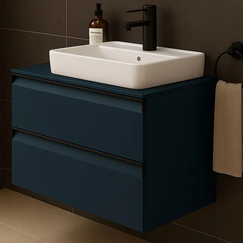 Mobile da bagno sospeso sotto lavabo L 79.5 x H 40 x P 45.5 cm blu laccato opaco, 2 cassetti Fusion