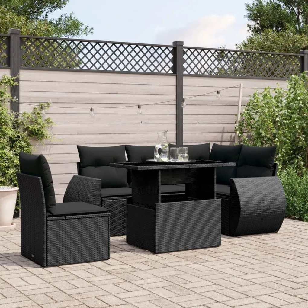 Set divano da giardino 6 pz con cuscini nero in polyrattan