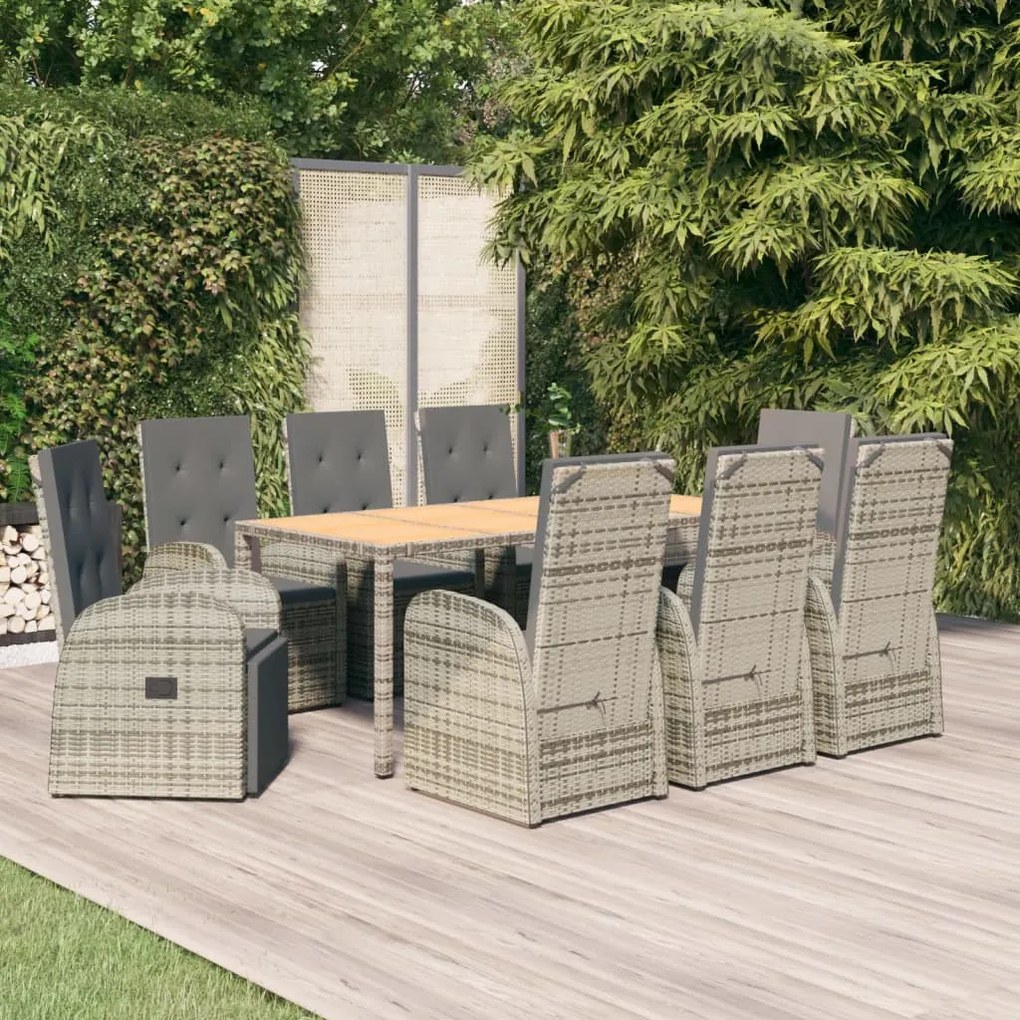 Set da pranzo da giardino 9 pz con cuscini in polyrattan grigio