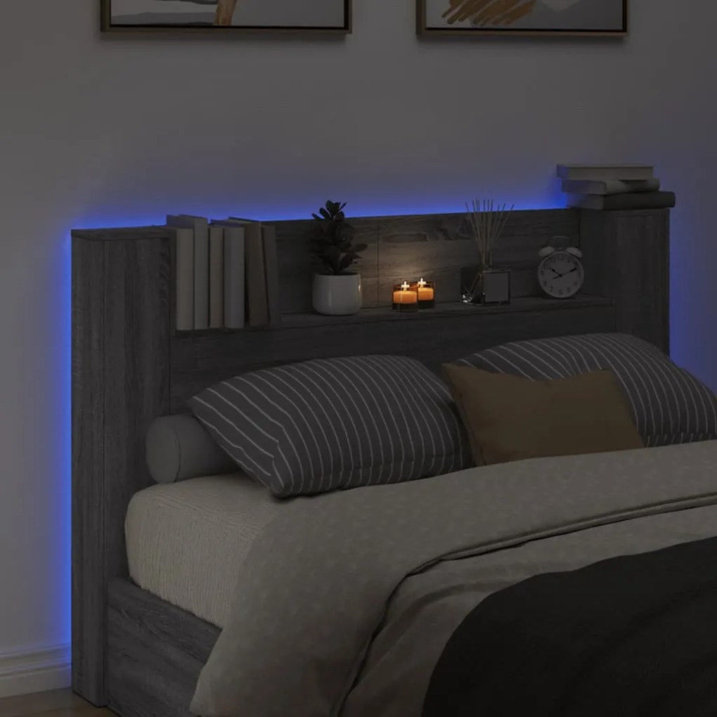 Testiera con contenitore a led grigio sonoma 160x16,5x103,5 cm