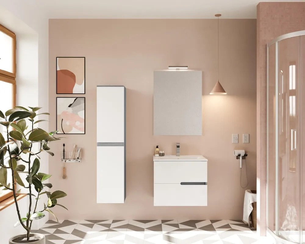 Mobile bagno con lavabo e illuminazione L 60 x H 51 x P 46 cm rovere grigio/frontale bianco in mdf 2 cassetti per vasca centrale Eva