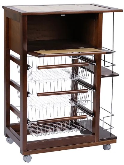 Carrello portapane con portabottiglie e cesti portafrutta Noce