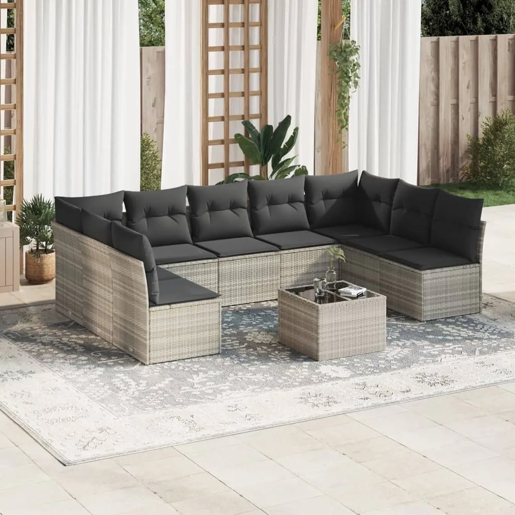 Set divano giardino 10 pz con cuscini grigio chiaro polyrattan