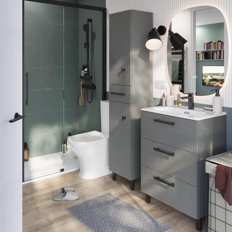 Mobile bagno a terra con lavabo L 60 x H 73 x P 40 cm grigio cemento truciolare 3 cassetti | Remix
