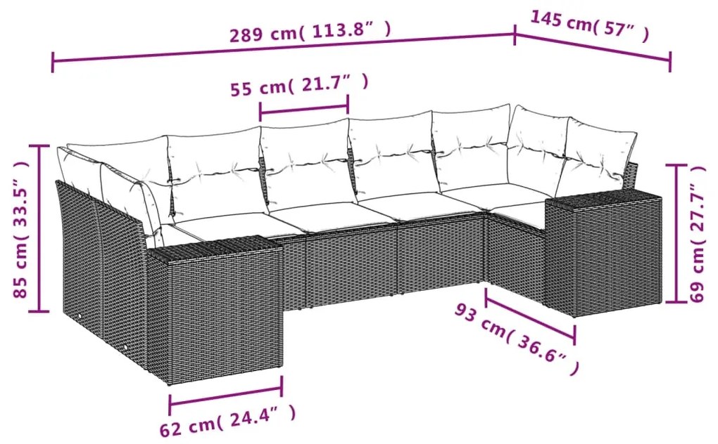 Set divani da giardino 7pz con cuscini grigio chiaro polyrattan