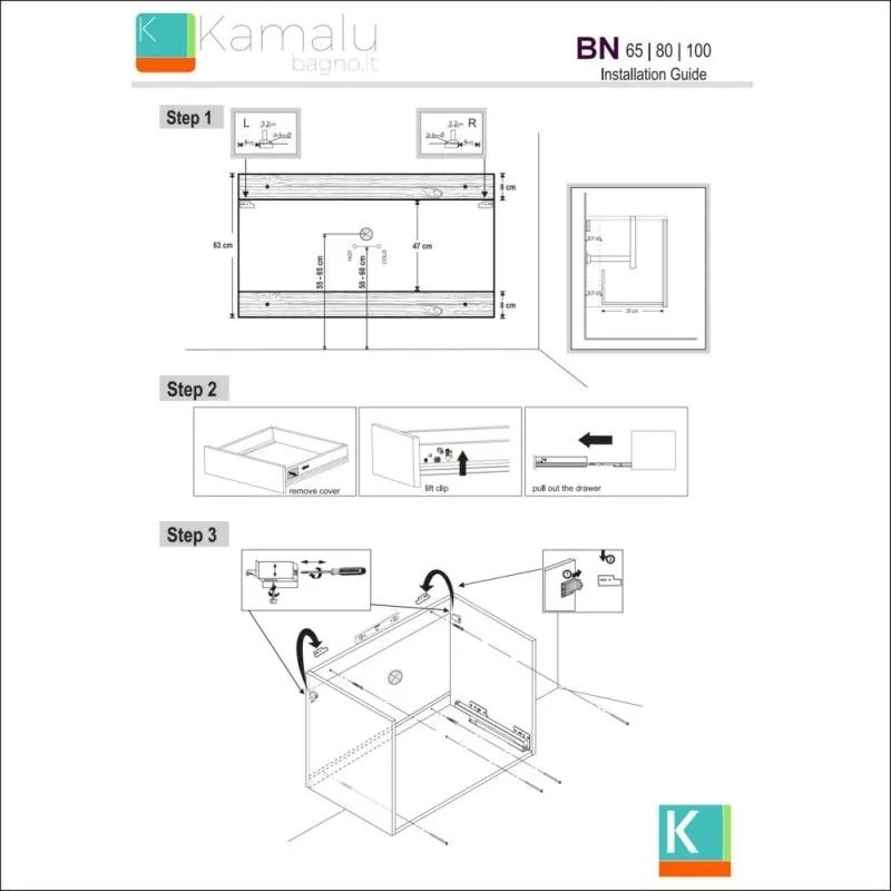 Kamalu - mobile bagno 80 cm sospeso con cassetto scorrevole bn-80b