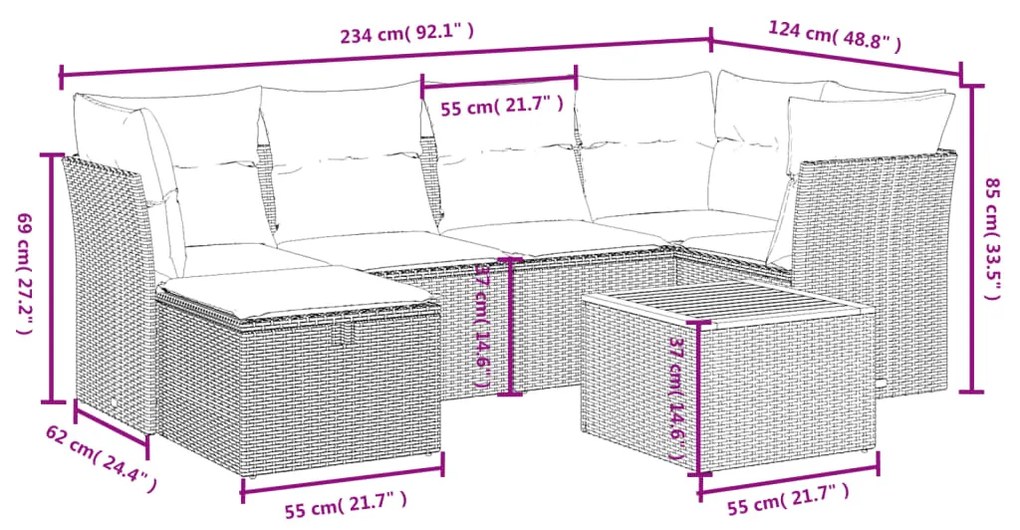 Set divani da giardino 7 pz con cuscini beige in polyrattan