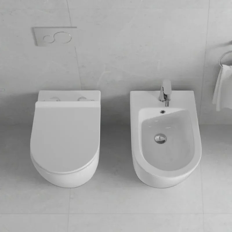 Sanitari filo parete traslati wc con sedile soft-close e bidet in ceramica bianca – Osaka
