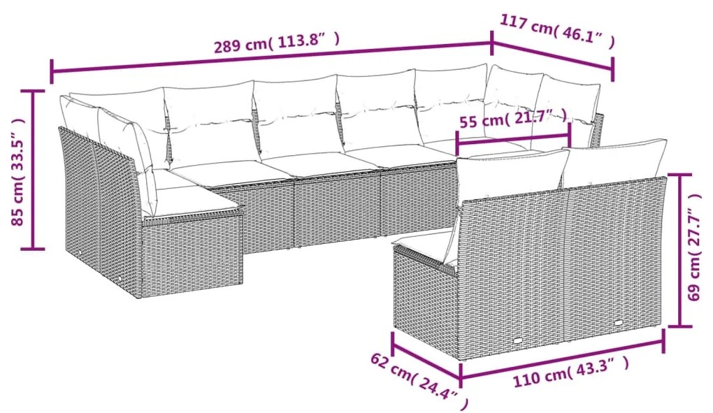 Set Divano da Giardino 9 pz con Cuscini Grigio in Polyrattan