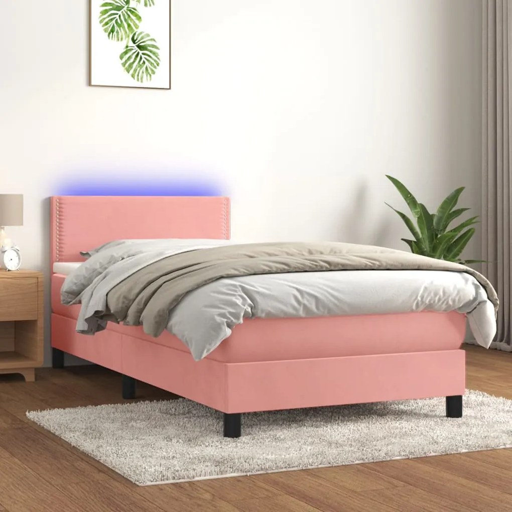 Letto a molle con materasso e led rosa 90x200 cm in velluto