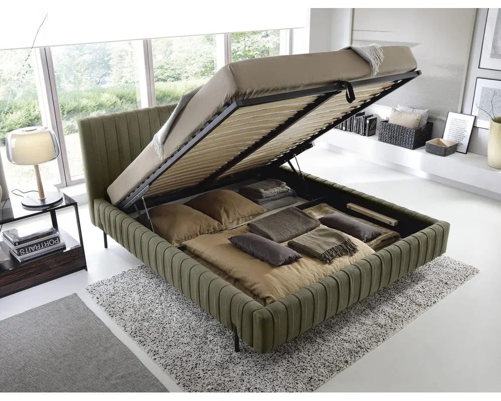 Letto matrimoniale imbottito verde con contenitore e rete inclusi 160x200 cm Plissa – ELTAP