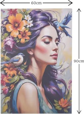 Quadro moderno verticale su tela 60x90 cm ritratto donna e natura