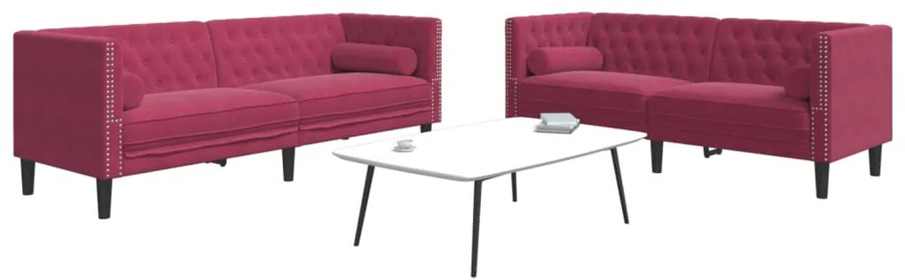 Set Divani Chesterfield 2pz Con Cuscini Rosso Vino Velluto /