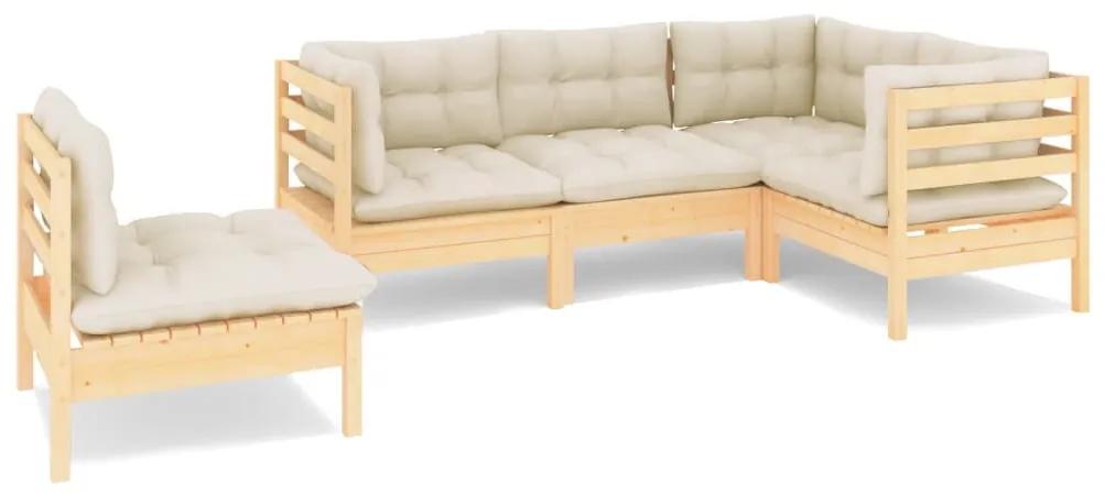 Set divani da giardino 5 pz con cuscini crema in massello di pino