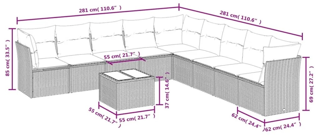 Set divano da giardino 10 pz con cuscini grigio in polyrattan