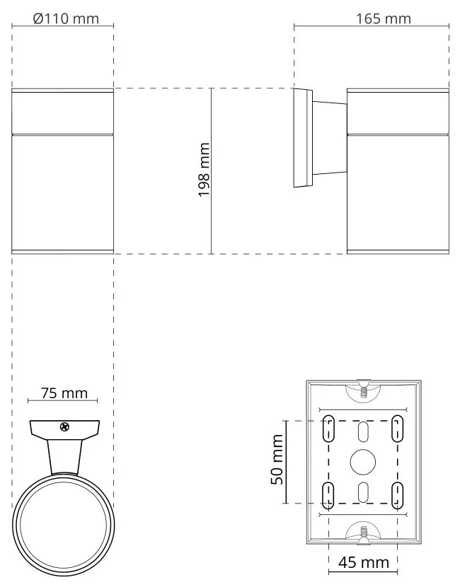 Applique Cilindrica Monodirezionale XL, IP54, Base E27 - Nera Base E27