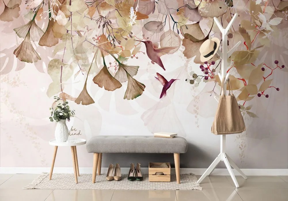 Carta da parati – Foglie con Colibrì in Marrone-Rosa