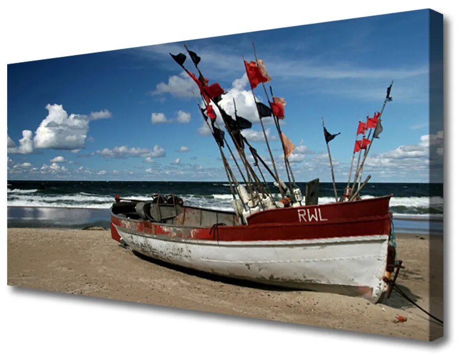 Quadro su tela Spiaggia del mare Paesaggio della barca 140x70 cm