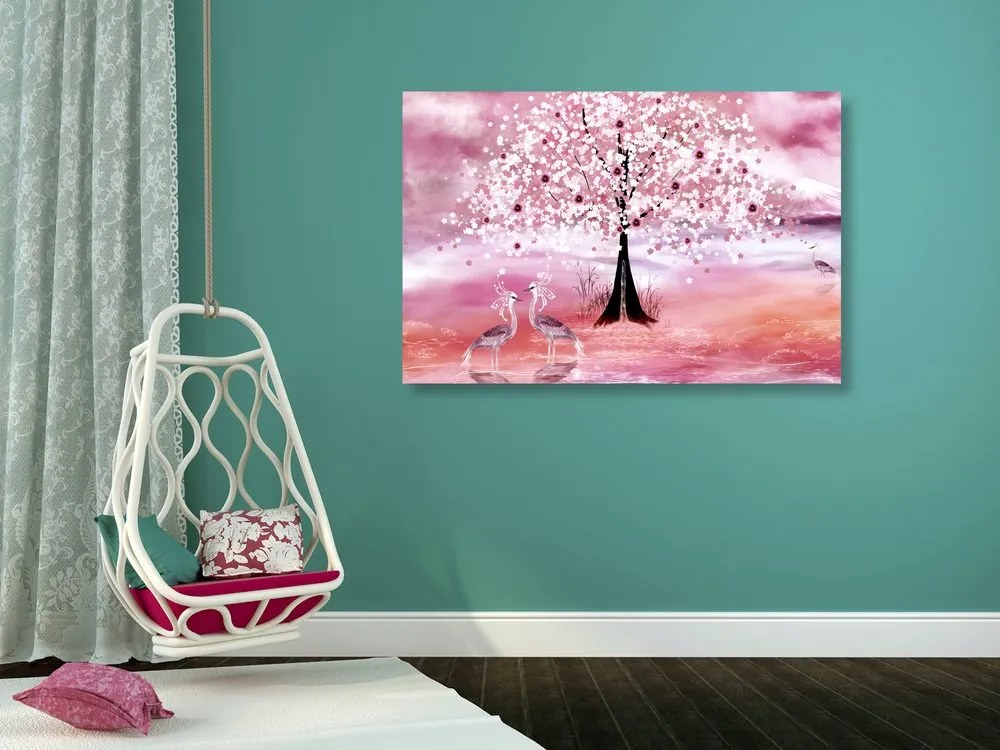 Stampa su tela – Aironi sotto un albero magico in versione rosa