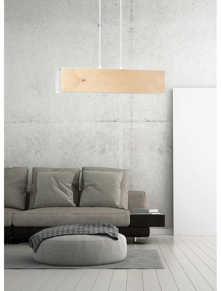 Lampadario 2 Luci Merlino In Acciaio Bianco Corpo Rettangolare E Legno Naturale