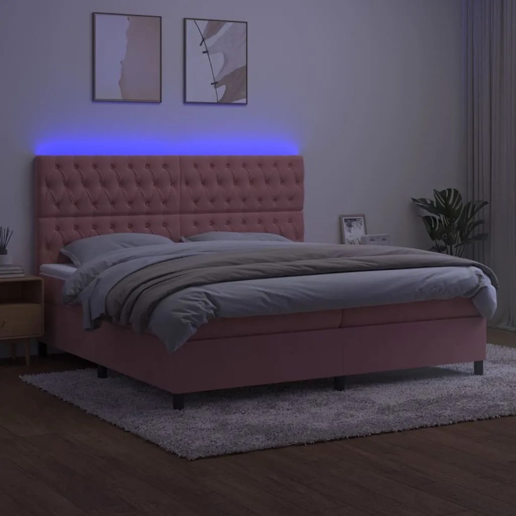 Letto a molle con materasso e led rosa 200x200 cm in velluto