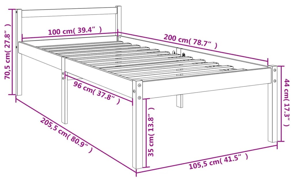 Letto per Anziani Grigio 100x200 cm in Legno Massello di Pino