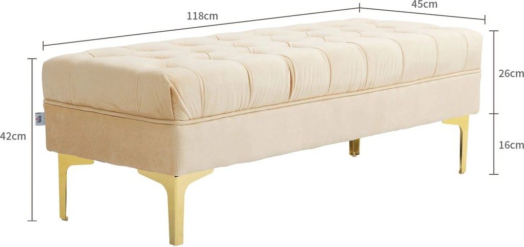 Panca Fondo Letto Imbottita con Rivestimento Trapuntato in Effetto Velluto 118x45x42 cm Beige...