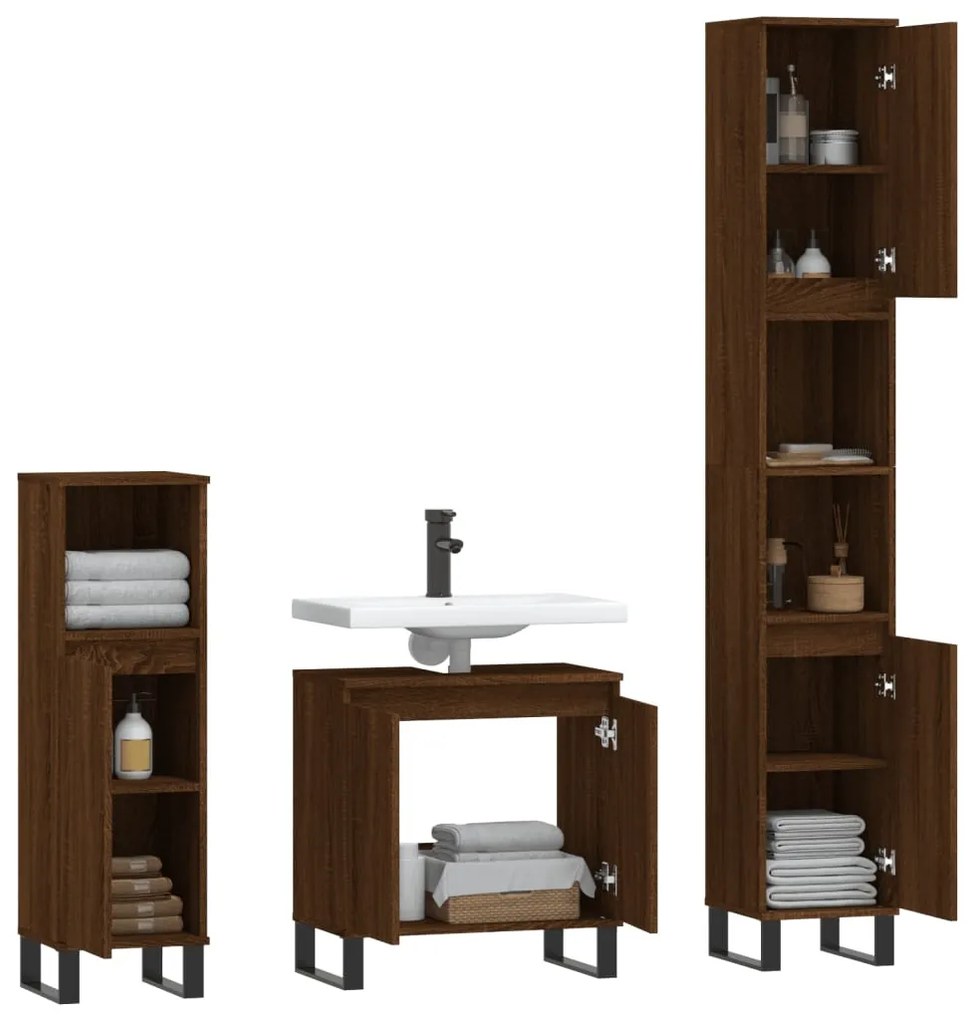 Set mobili da bagno 3 pz rovere marrone in legno multistrato