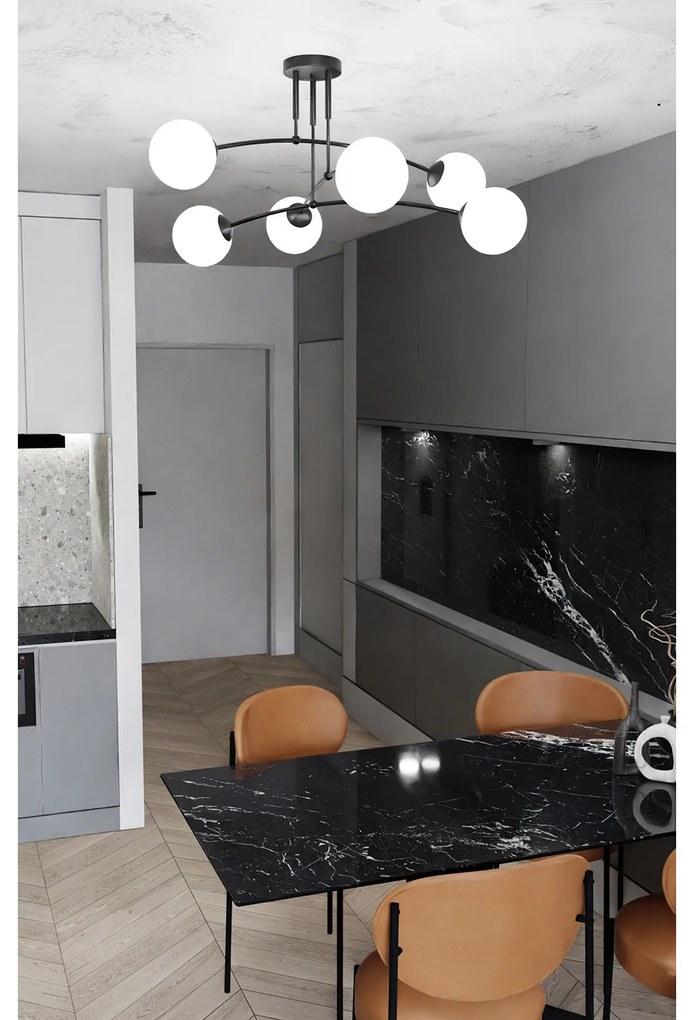Plafoniera Moderna 6 Luci Susanoo In Acciaio Nero E Vetri A Sfera In Bianco