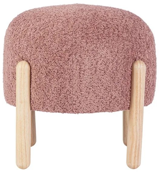 Pouf DAYLA in tessuto rosa scuro effetto bouclé e gambe in legno rubberwood