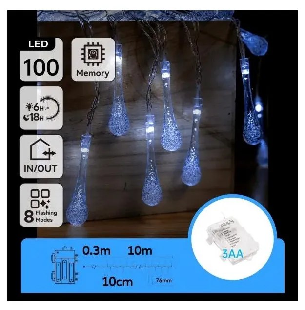 Aigostar - Catena luminosa LED natalizia da esterno 100xLED/8 funzioni 3xAA 10m IP44 bianco freddo gocce