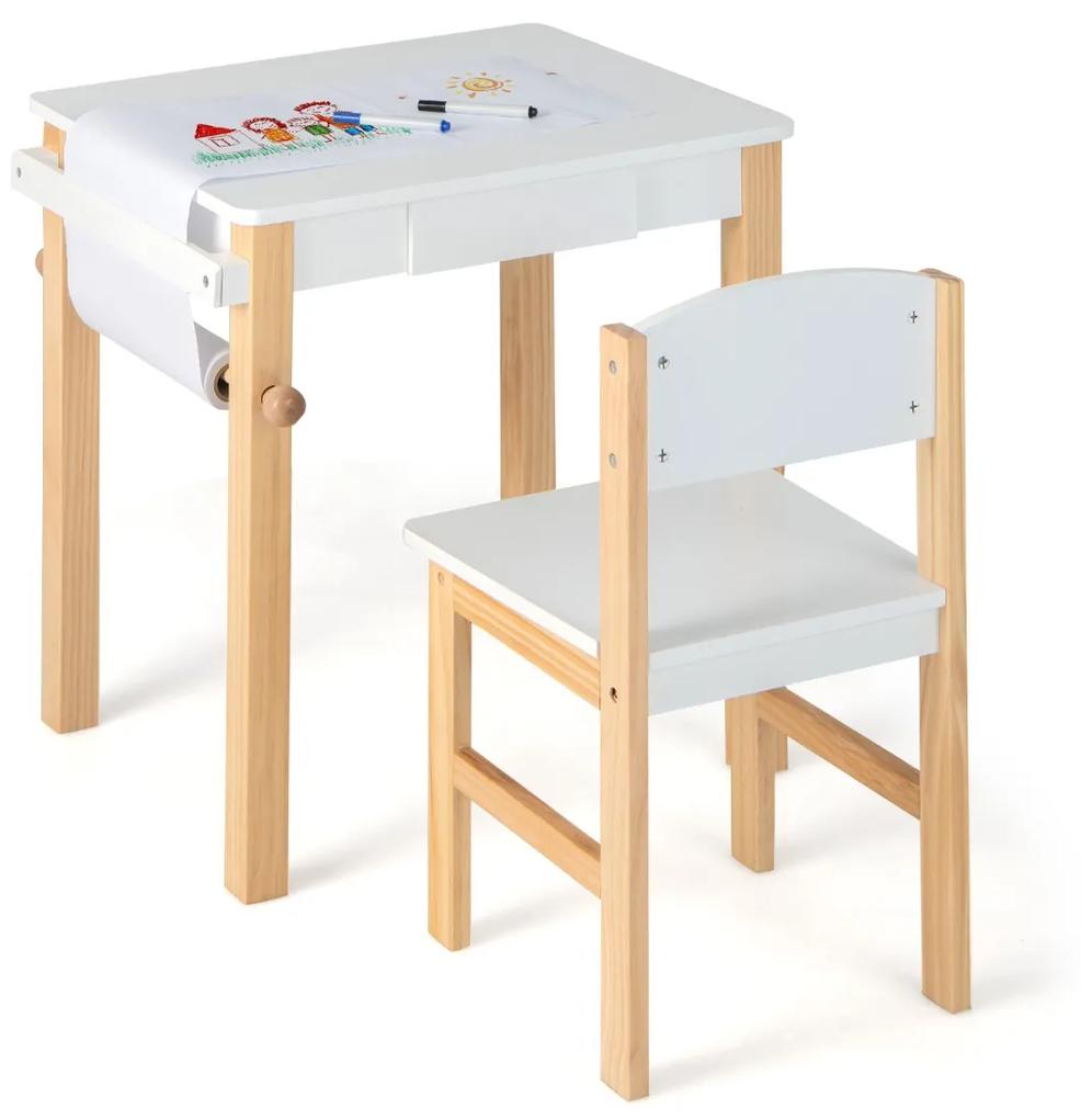 Costway Set di tavolo e sedia per bambini con cassetto rotolo di carta e 2 pennarelli, Set di tavolo da studio in legno Bianco