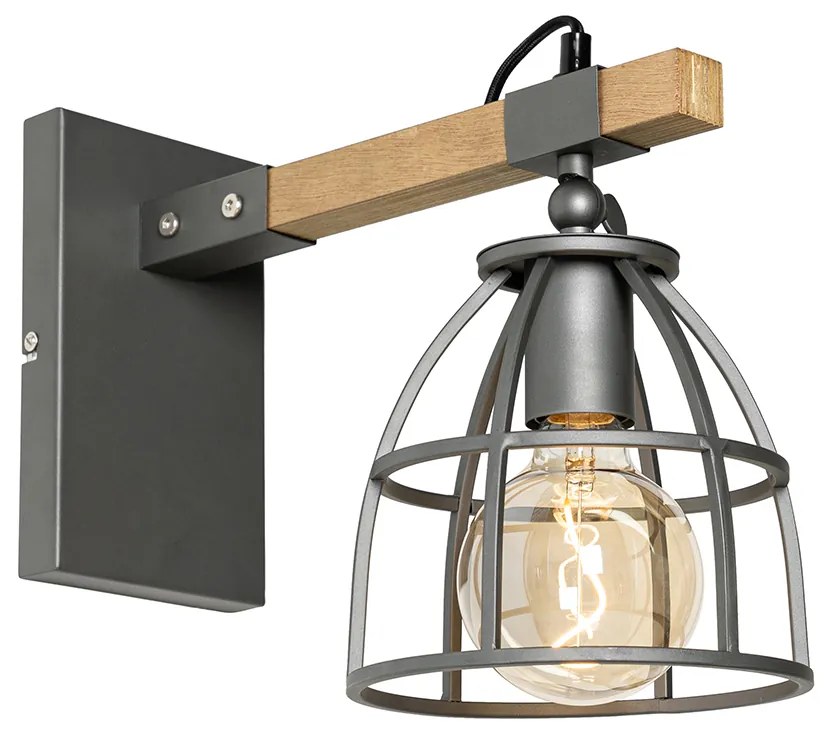 Applique da parete industriale grigio scuro con legno regolabile - Arthur