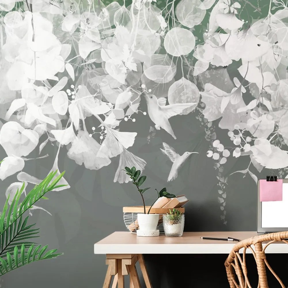 Carta da parati – Foglie Verde-Grigio con Colibrì